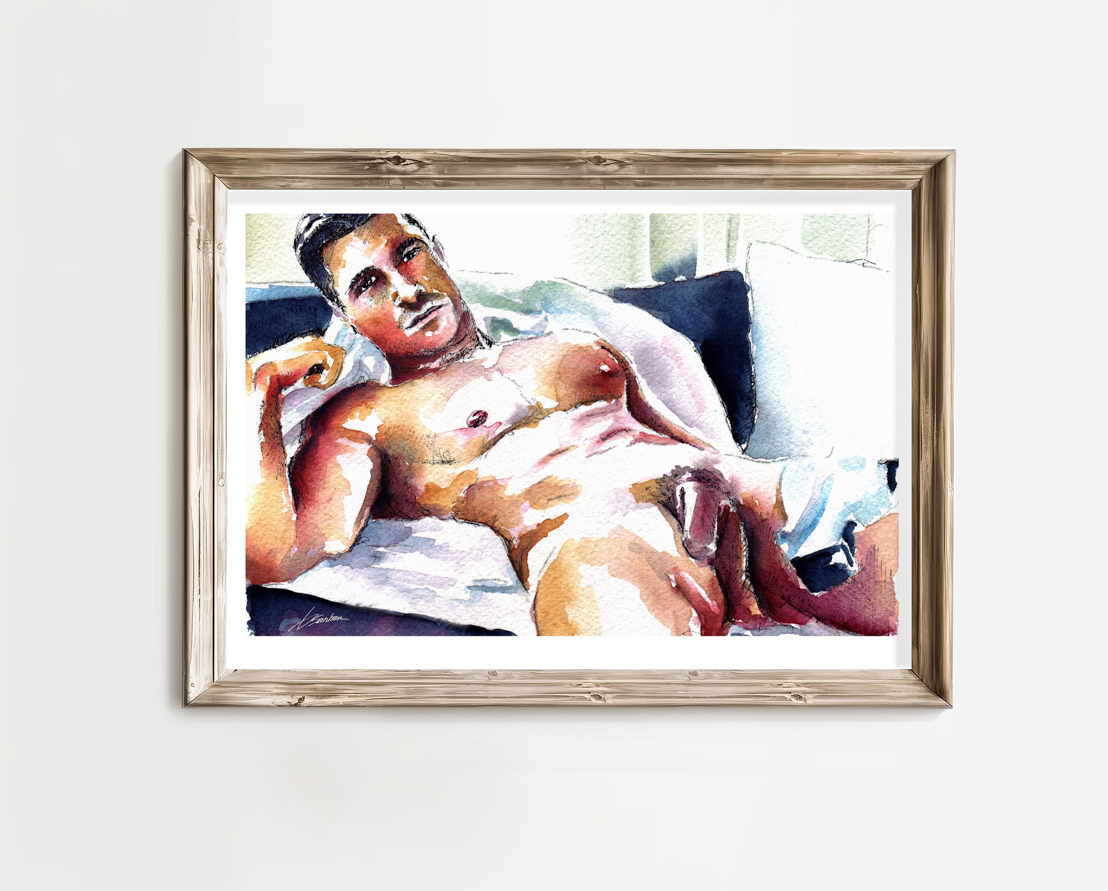 Male Nude Resting on White Sheets - Art Print