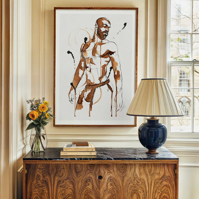 Bearded Male Figure in Coffee and Ink Wearing Jockstrap – Art Print Artist Brenden Sanborn