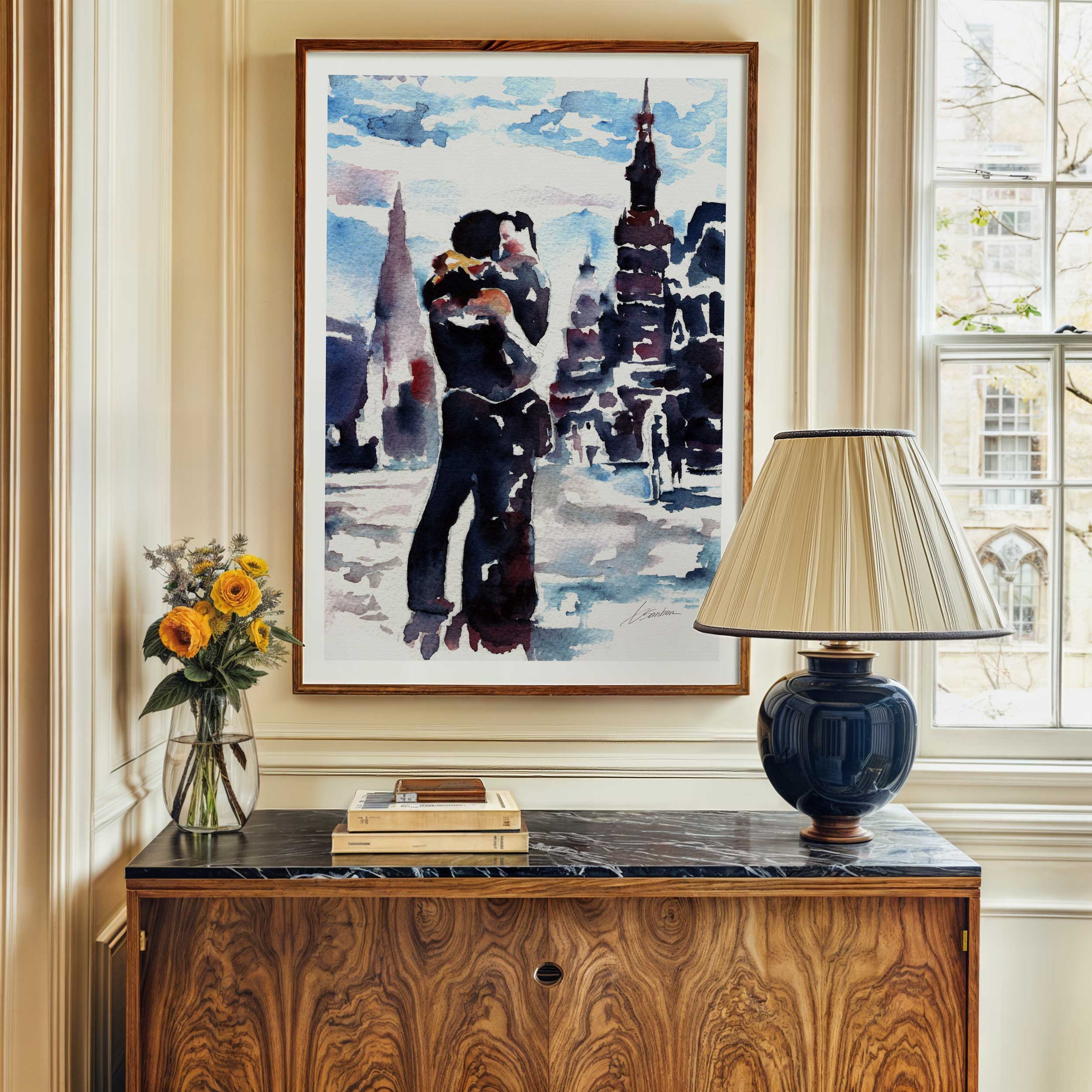 City Lights and Lovers Embracing – Art Print