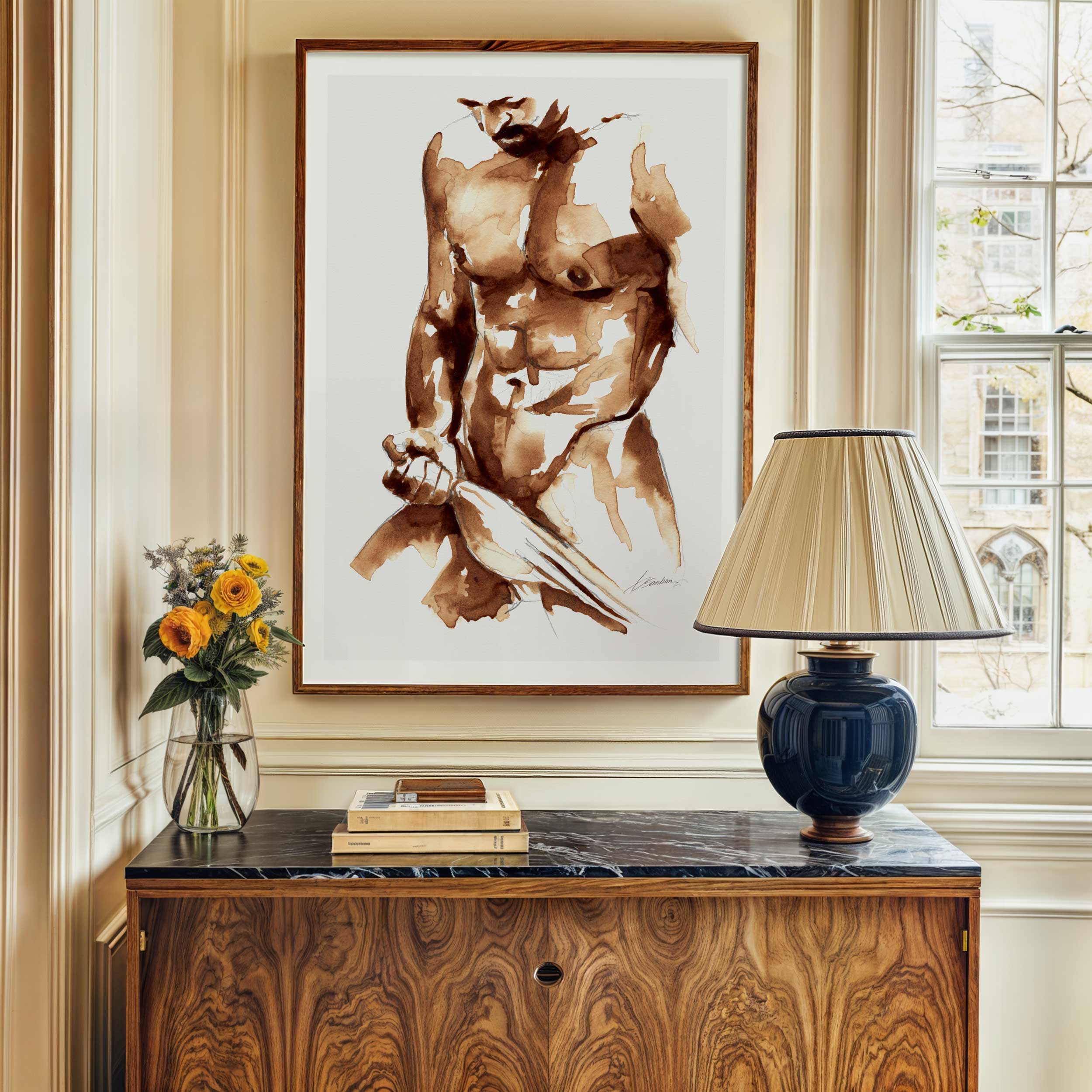 Coffee Nude Pulling Underwear - Art Print