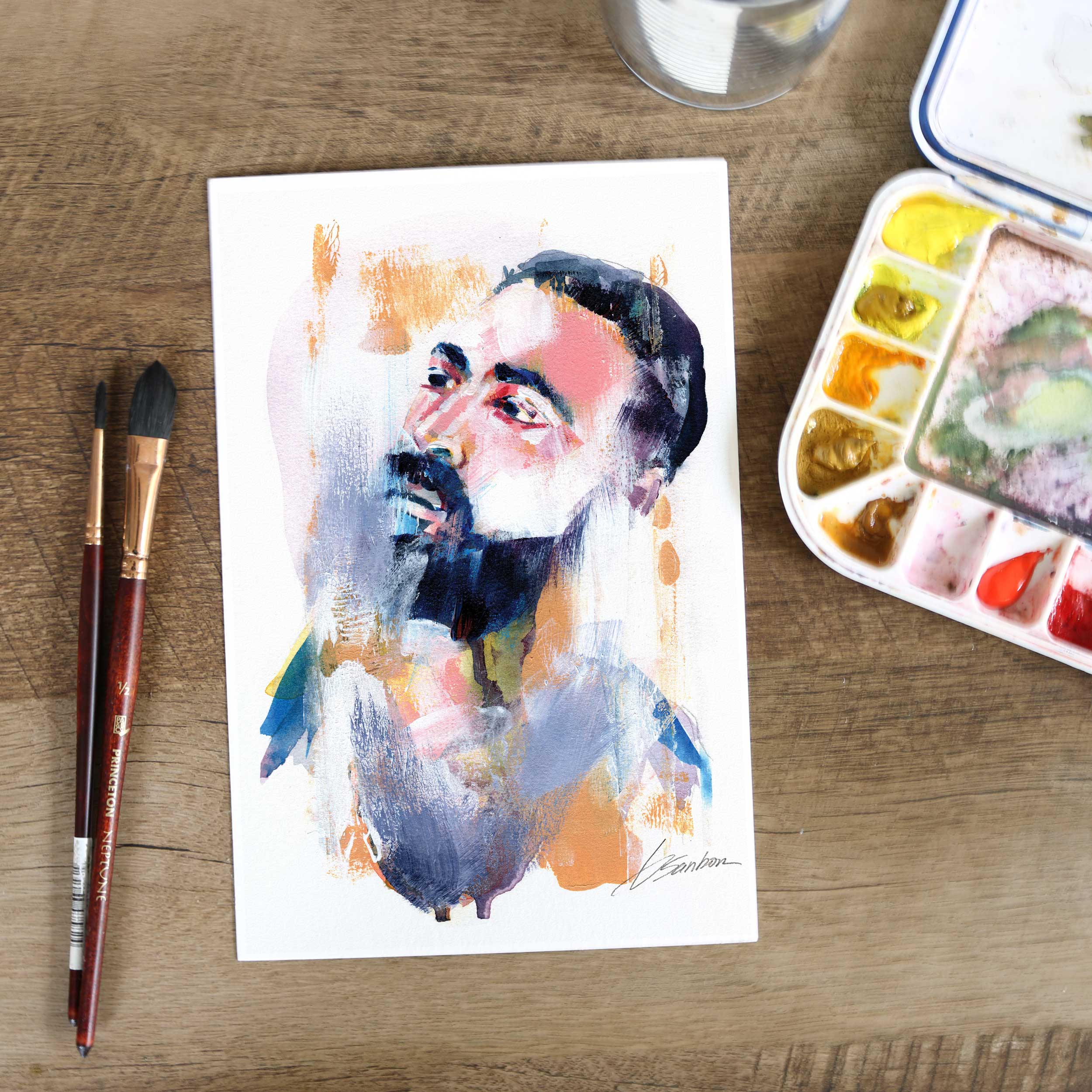 Handsome Bearded Man Looking Upwards - 6x9" Original Watercolor