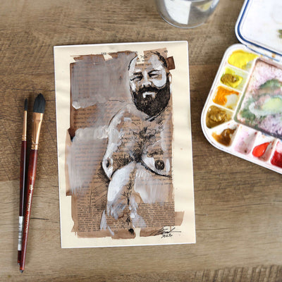 Literary Bear - Hairy Gay Man on Book Page - 6x9" Original Art Artist Brenden Sanborn