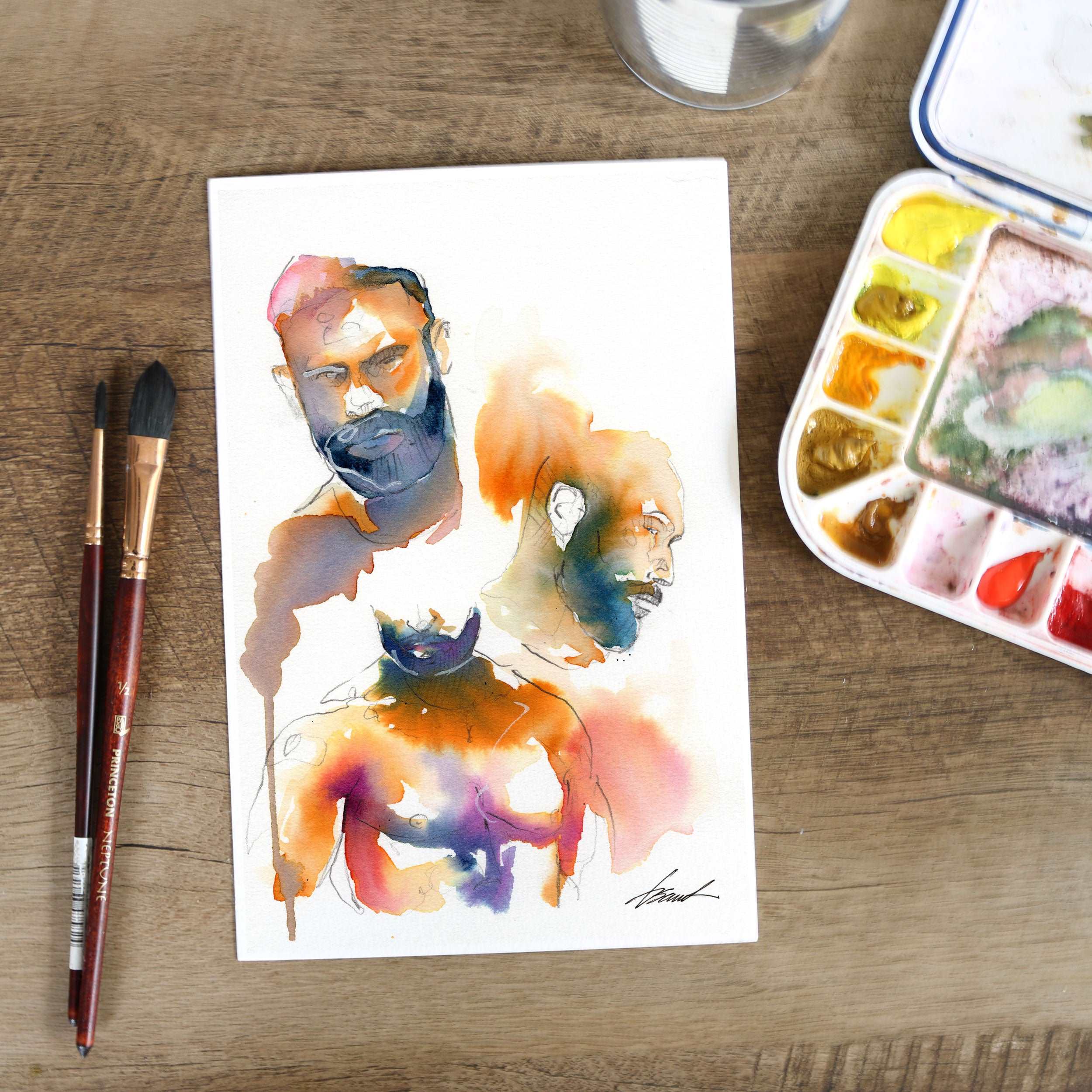 Bearded Trio - Expressive Male Faces with Hairy Chests - 6x9" Original Watercolor Painting Artist Brenden Sanborn