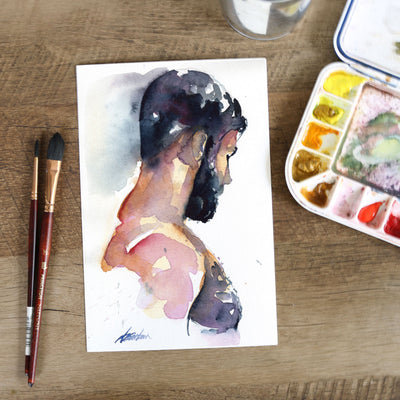 Shadowed Strength - Thick-Haired Chest - 6x9" Original Watercolor Painting Artist Brenden Sanborn