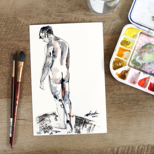 Solitary Reflection - Nude Male Form in Ink - 6x9" Original Watercolor