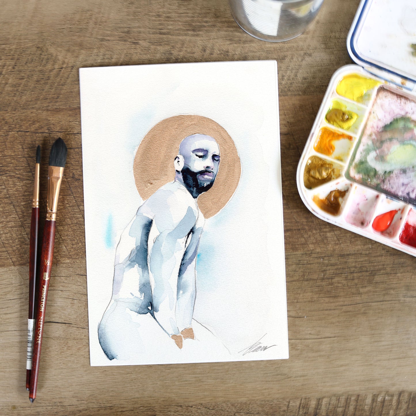 Serene Bearded Man with Golden Halo - 6x9" Original Watercolor Painting