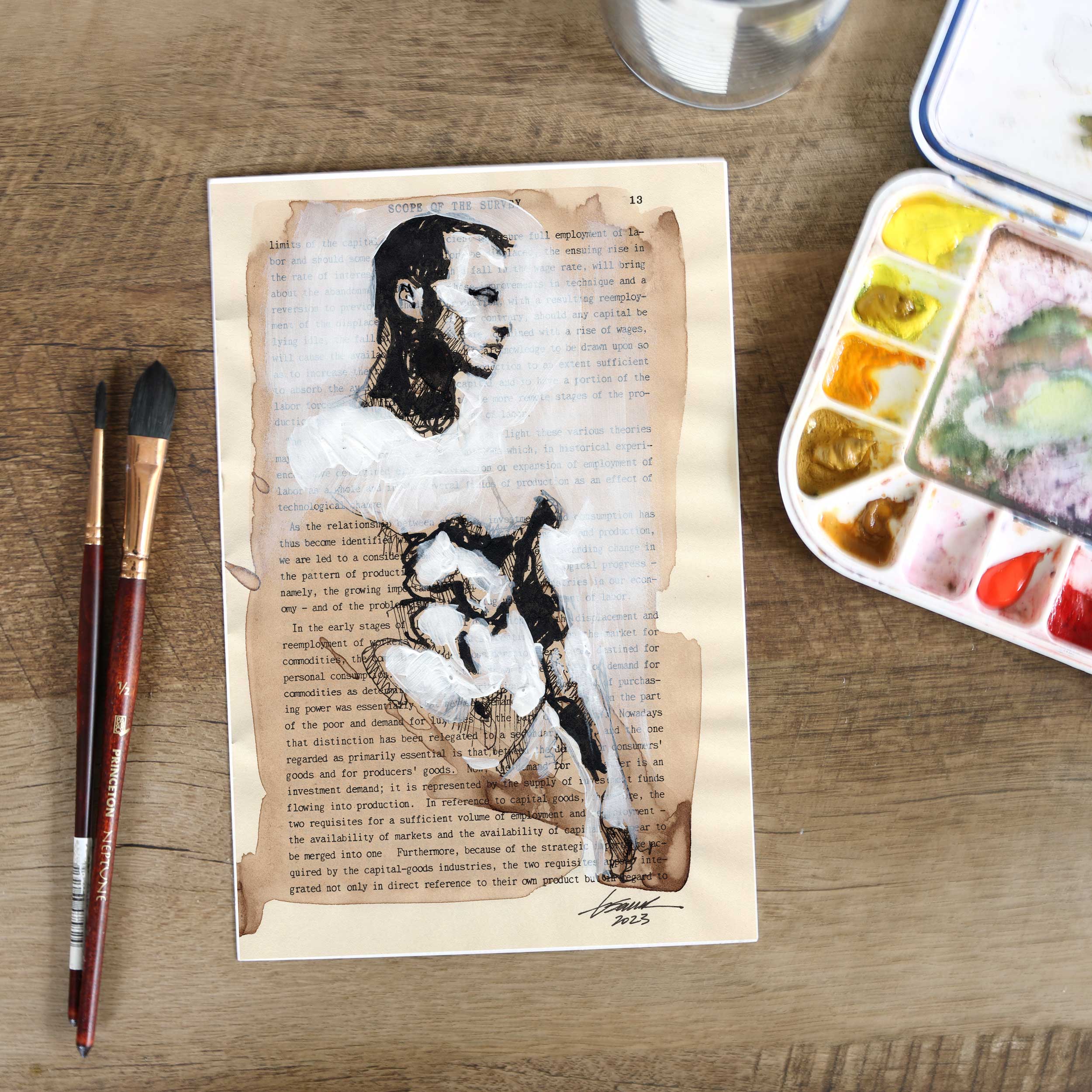 Muscular Figure on Literature - 6x9" Original Book Paper Art