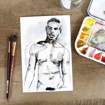 Stoic Shadows - Ink Defined Muscular Form - 6x9" Original Painting Artist Brenden Sanborn
