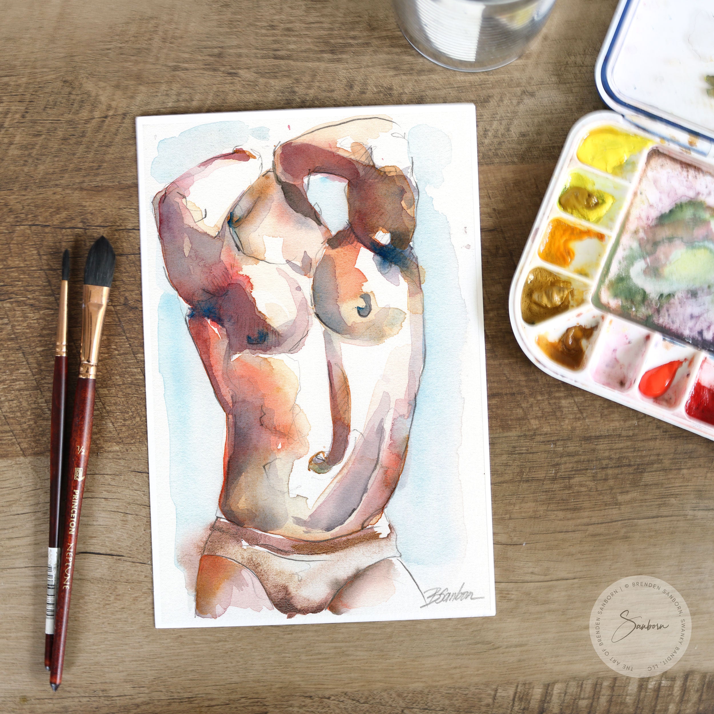 Nude Male with Defined Muscularity and Evocative Pose - 6x9" Original Watercolor Painting