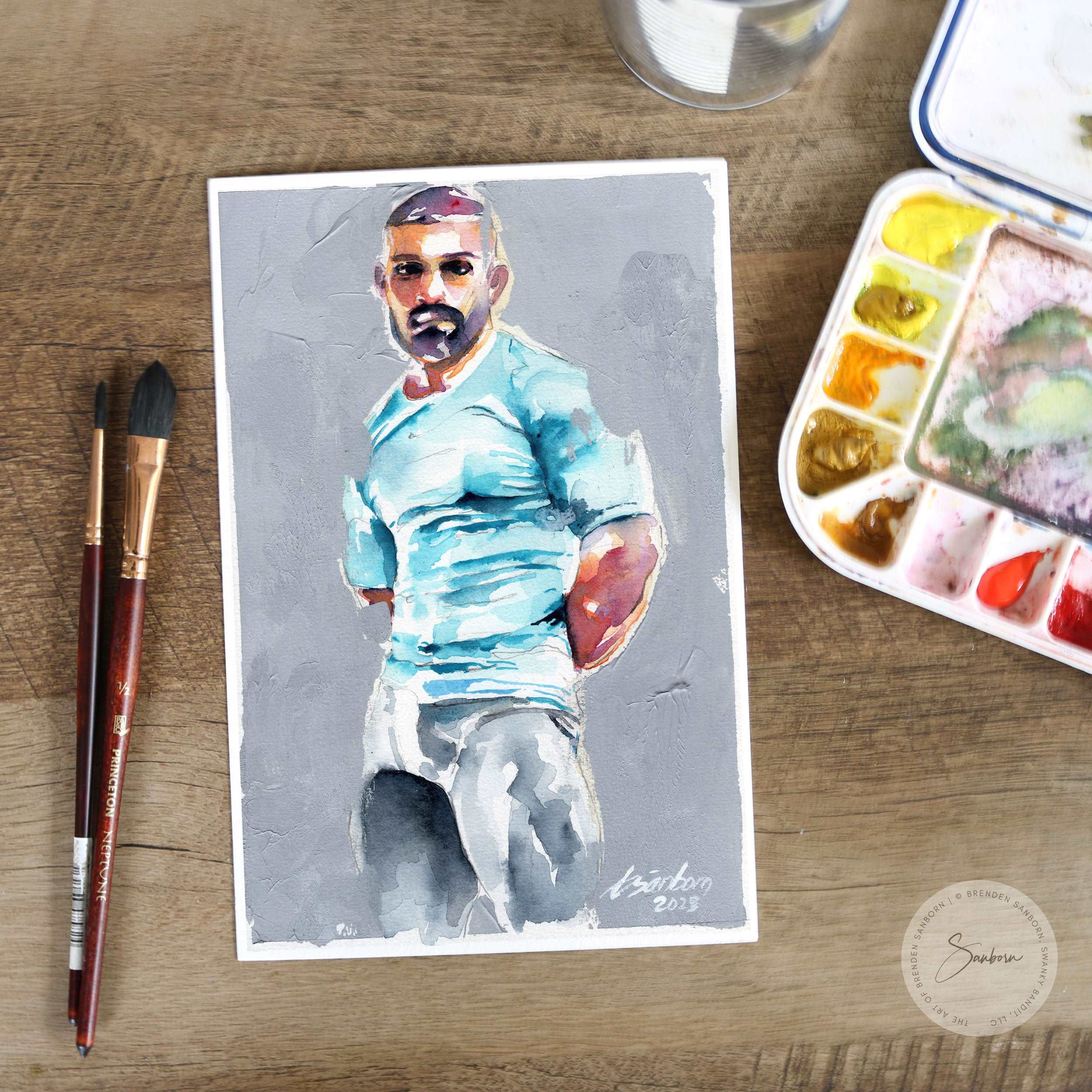 Bearded Man in Light Blue Shirt with Muscular Arms - 6x9" Original Watercolor Painting