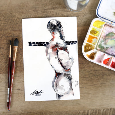 Stalwart Contour - Muscular Male Figure in Ink - 6x9" Original Art Artist Brenden Sanborn