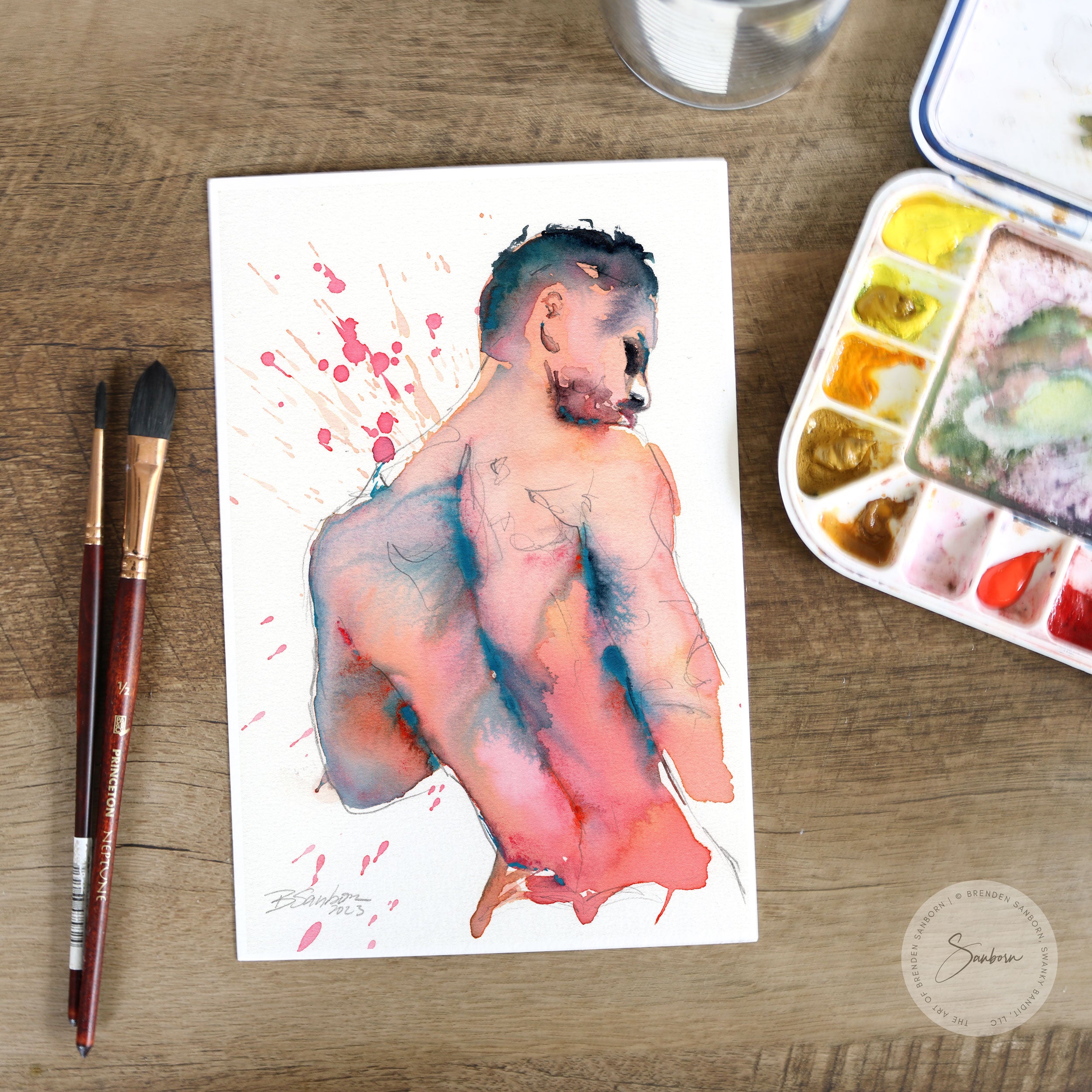 Nude Male, Standing with Splattered Background - 6x9" Original Watercolor Painting