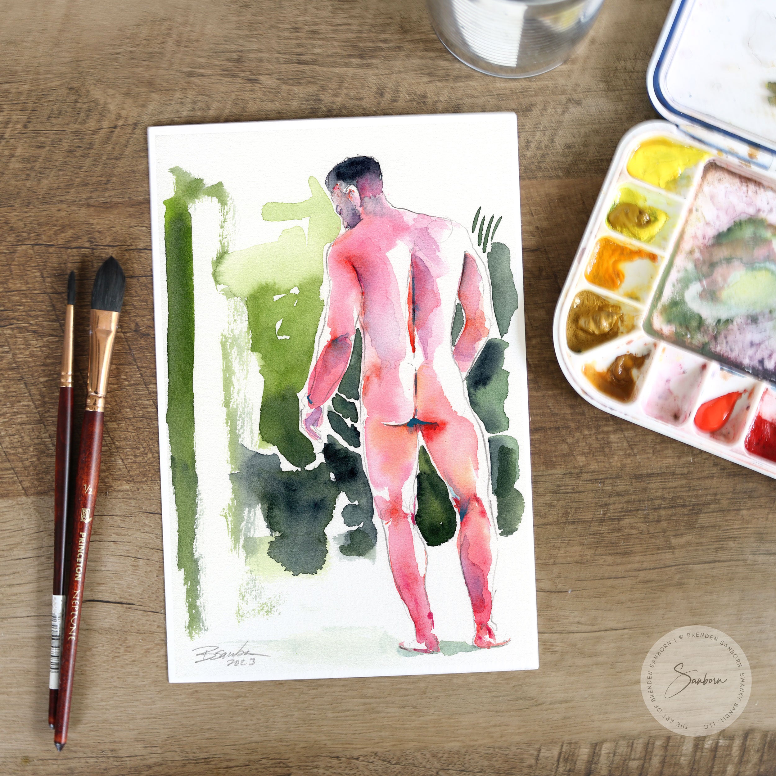 Nude Male, Rear View Highlighting Strong Back and Defined Legs - 6x9" Original Watercolor Painting