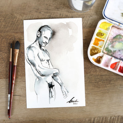 Whispered Strength - Monochrome Muscular Male Contour - 6x9" Original Painting Artist Brenden Sanborn