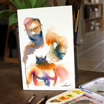 Bearded Trio - Expressive Male Faces with Hairy Chests - 6x9" Original Watercolor Painting Artist Brenden Sanborn