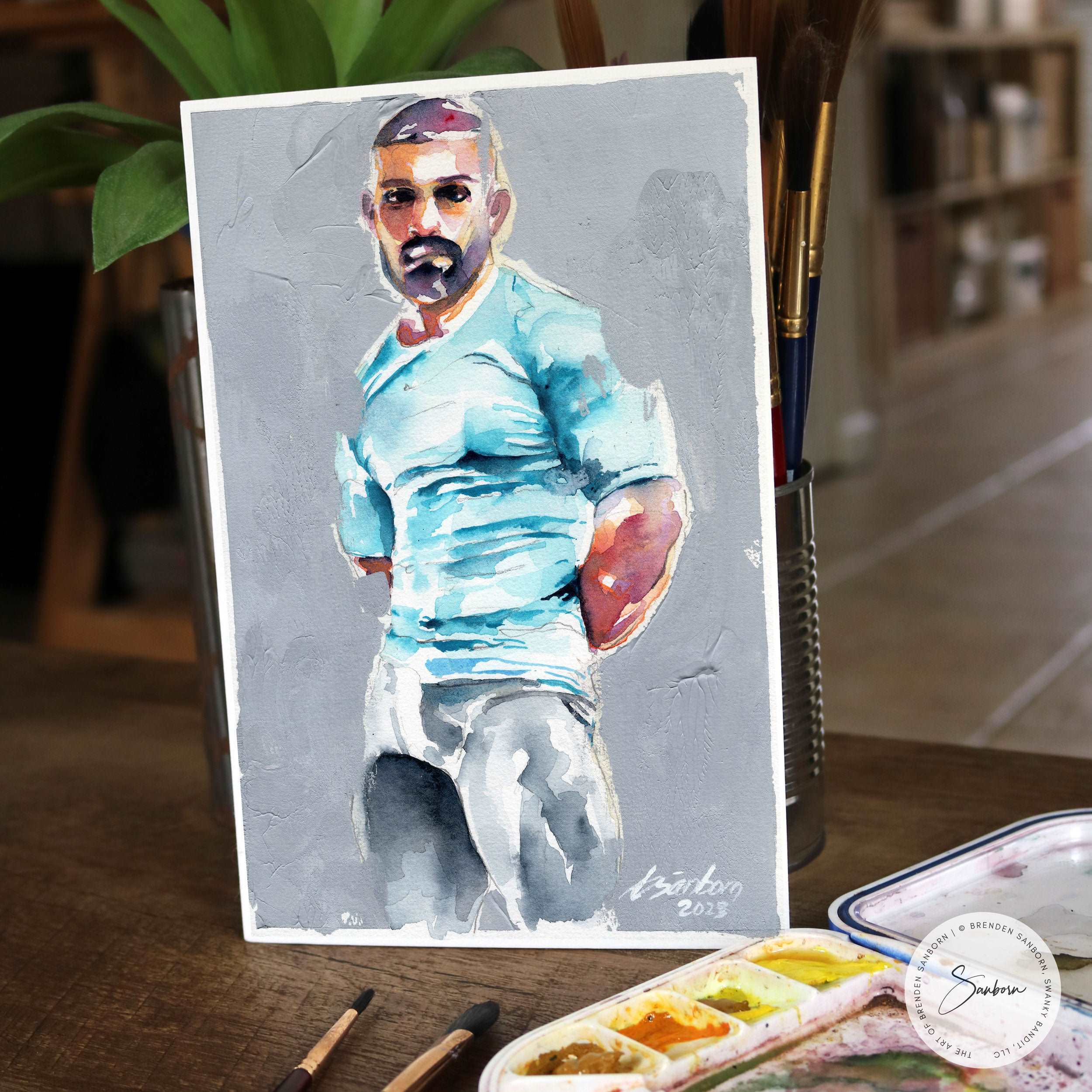 Bearded Man in Light Blue Shirt with Muscular Arms - 6x9" Original Watercolor Painting