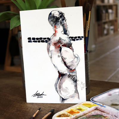 Stalwart Contour - Muscular Male Figure in Ink - 6x9" Original Art Artist Brenden Sanborn