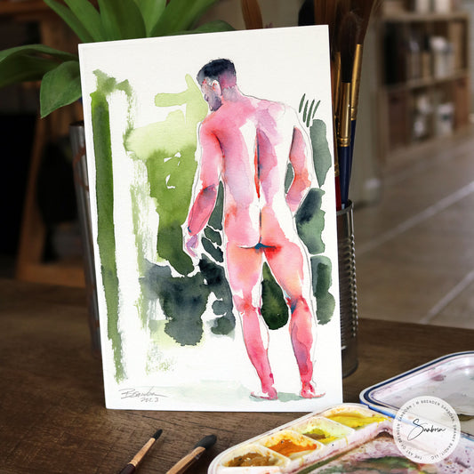Nude Male, Rear View Highlighting Strong Back and Defined Legs - 6x9" Original Watercolor Painting