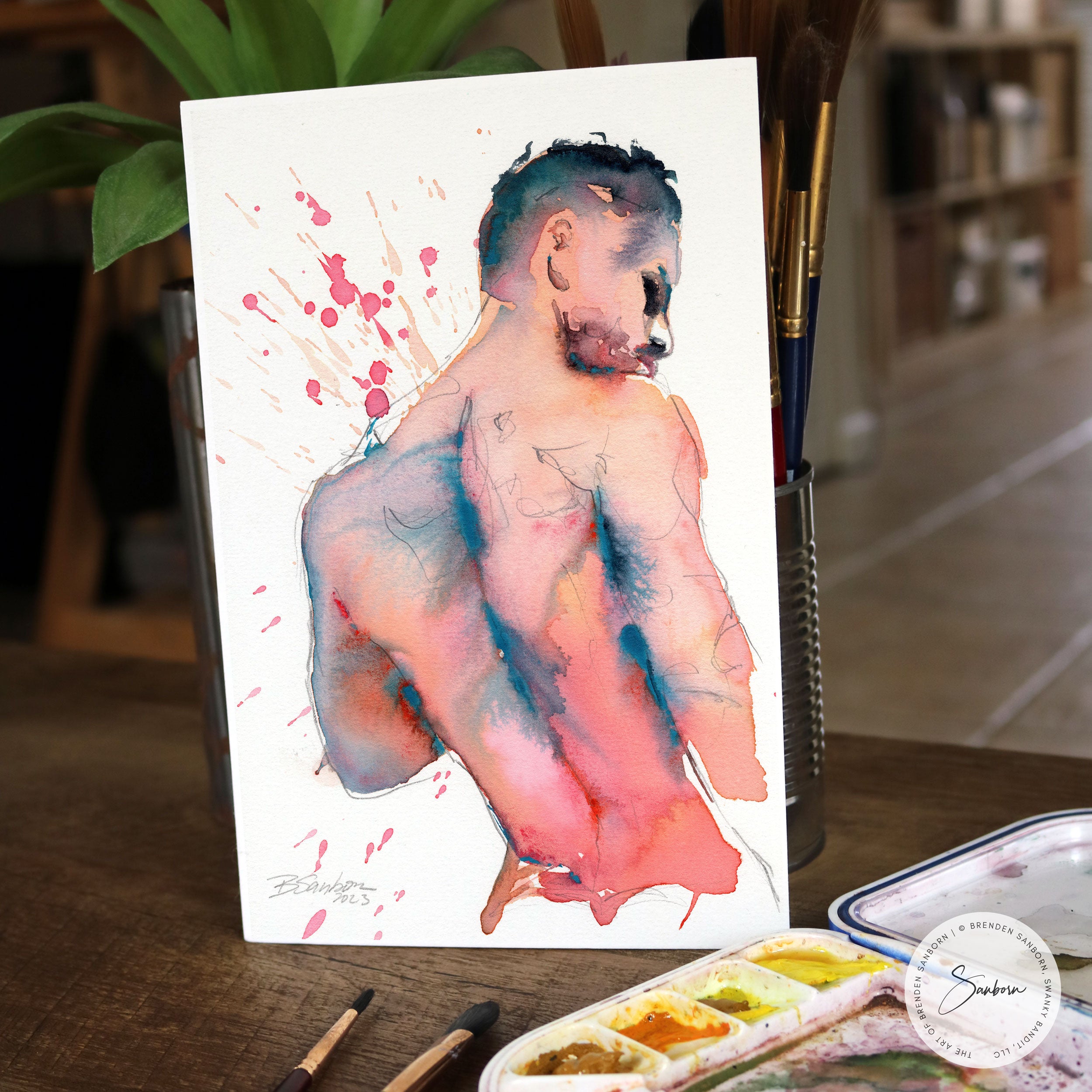 Nude Male, Standing with Splattered Background - 6x9" Original Watercolor Painting