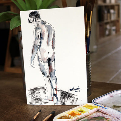 Solitary Reflection - Nude Male Form in Ink - 6x9" Original Watercolor Artist Brenden Sanborn
