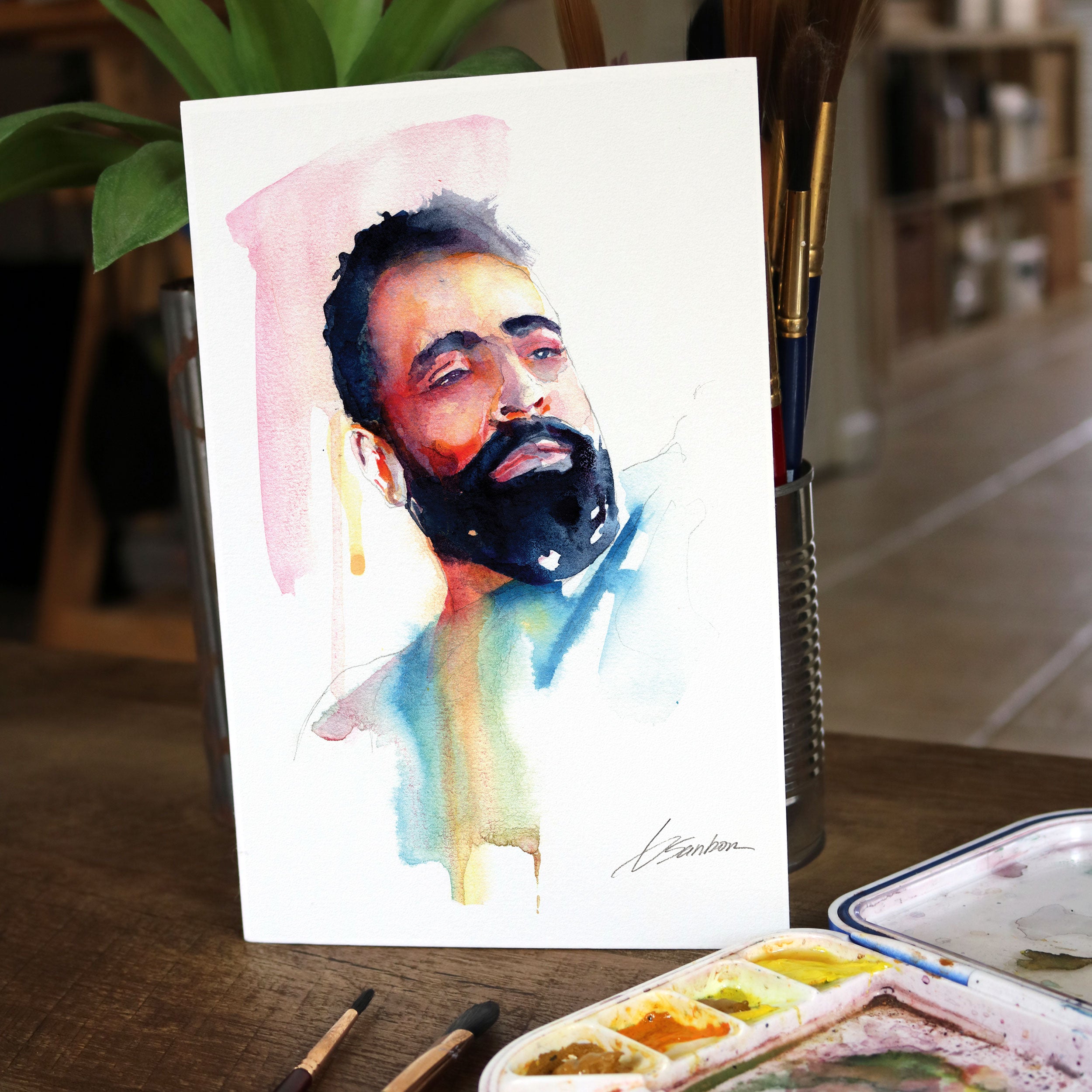 Pensive Man with Beard - 6x9" Original Watercolor Painting