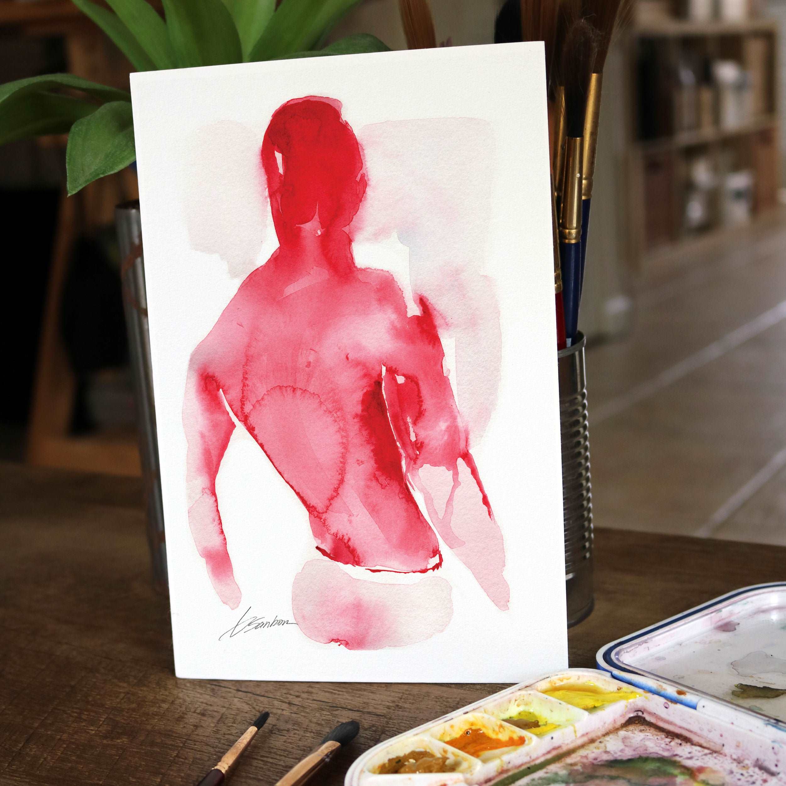 Crimson Vigor Abstract Male in Undies - 6x9" Original Painting