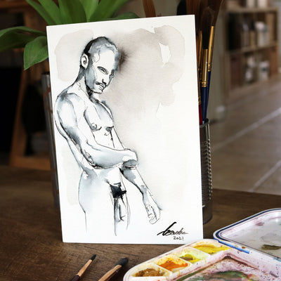 Whispered Strength - Monochrome Muscular Male Contour - 6x9" Original Painting Artist Brenden Sanborn