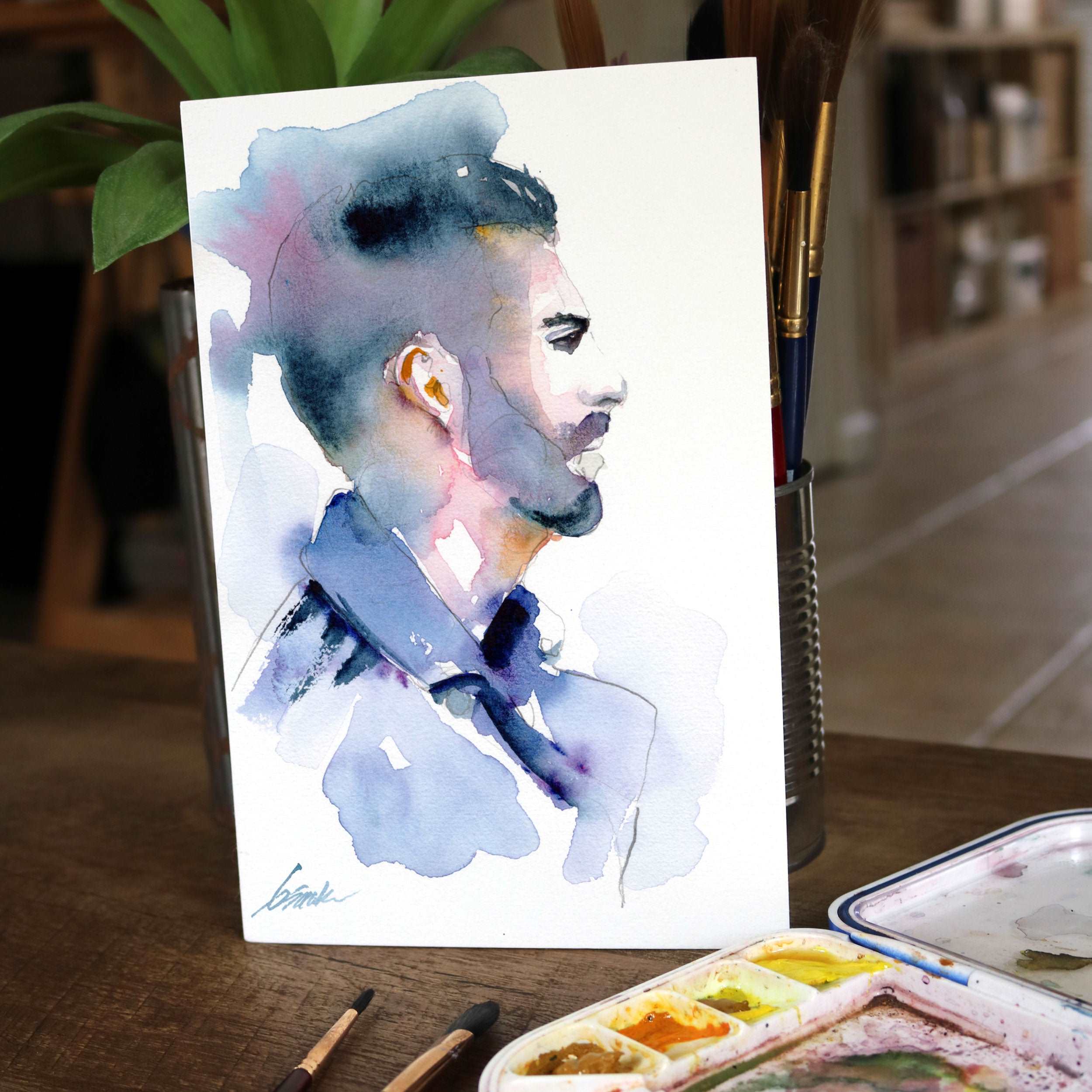 Dapper Profile - Bearded Man - 6x9" Original Watercolor Painting