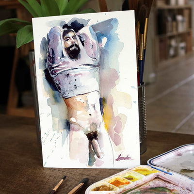 Bearded Man Removing Shirt - 6x9" Original Watercolor Painting Artist Brenden Sanborn