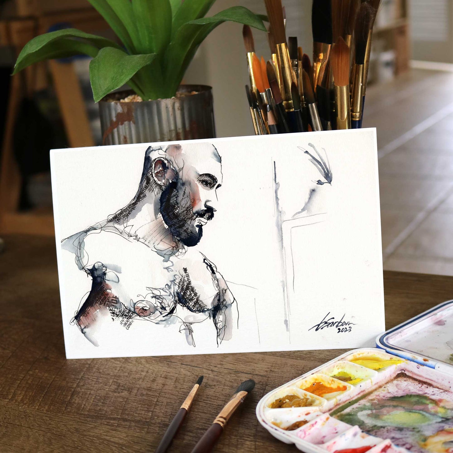 Rugged Elegance - Bearded and Muscular - 6x9" Original Watercolor and Ink Painting