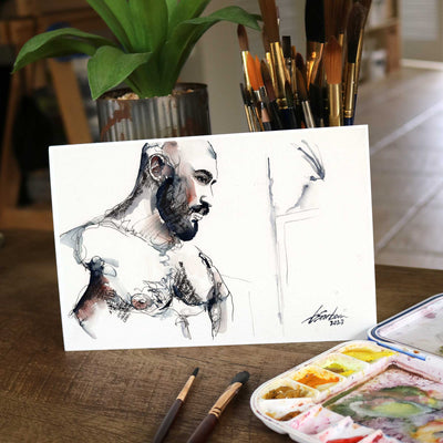 Rugged Elegance - Bearded and Muscular - 6x9" Original Watercolor and Ink Painting Artist Brenden Sanborn