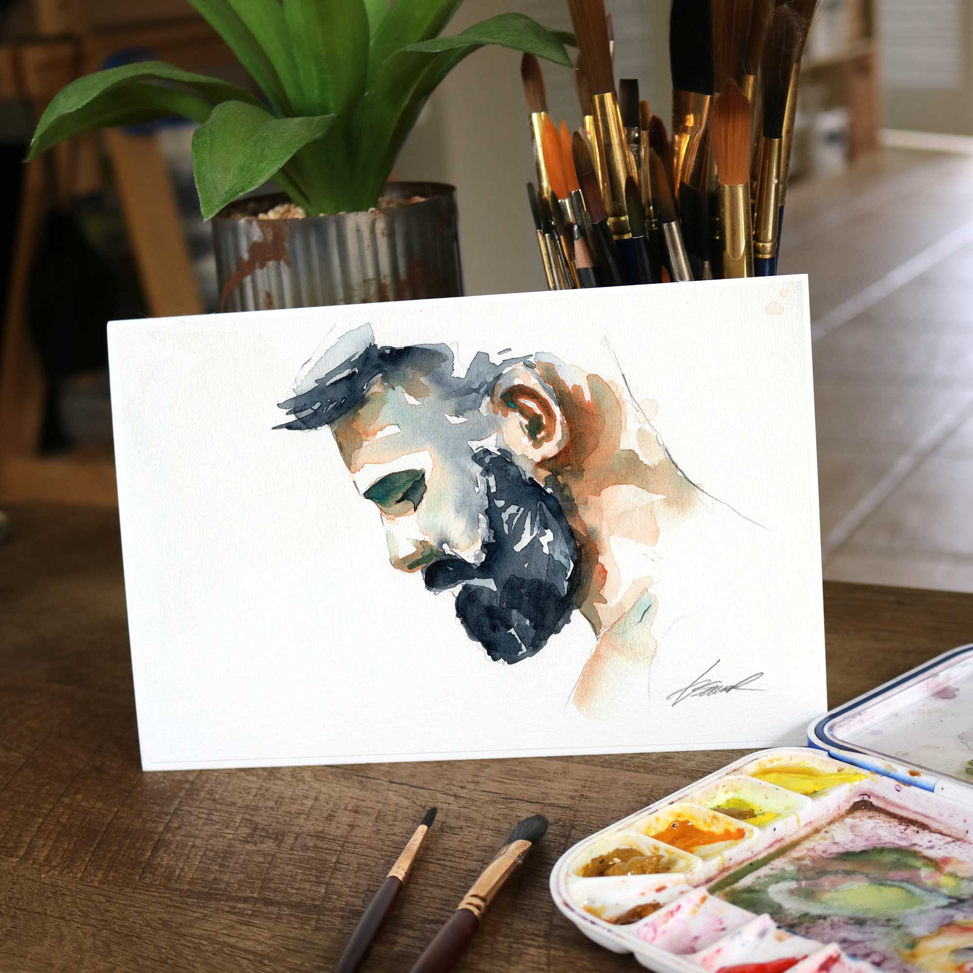 Thoughtful Gaze - Bearded Profile in Earth Tones - Original Art