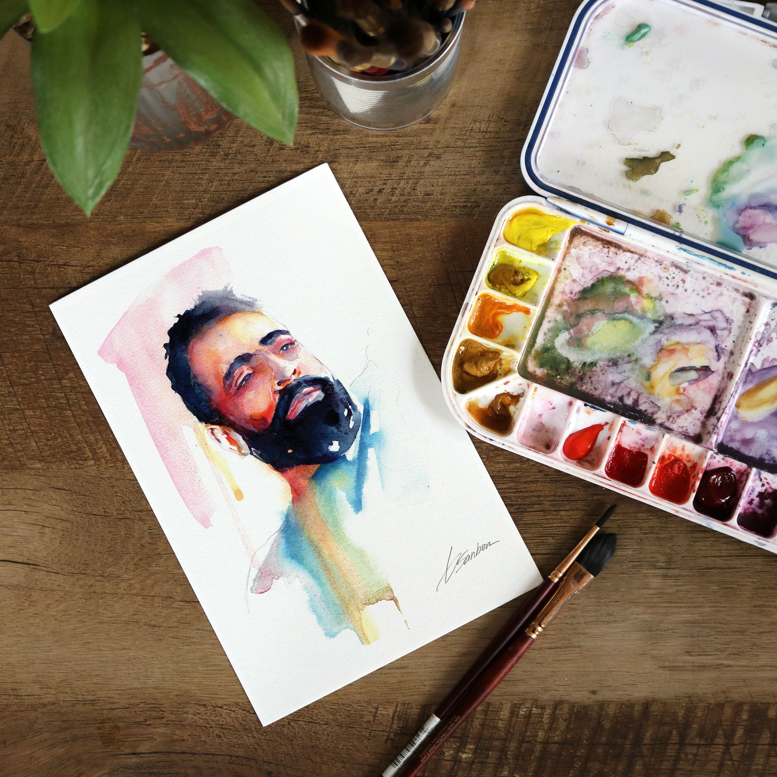 Pensive Man with Beard - 6x9" Original Watercolor Painting