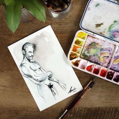 Whispered Strength - Monochrome Muscular Male Contour - 6x9" Original Painting Artist Brenden Sanborn