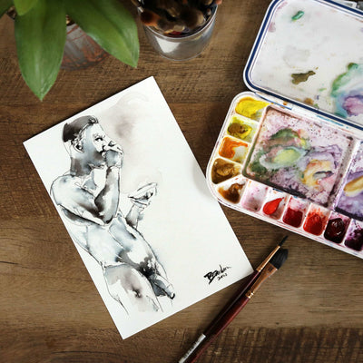 Morning Muse - Man Sipping Coffee - 6x9" Original Painting Artist Brenden Sanborn