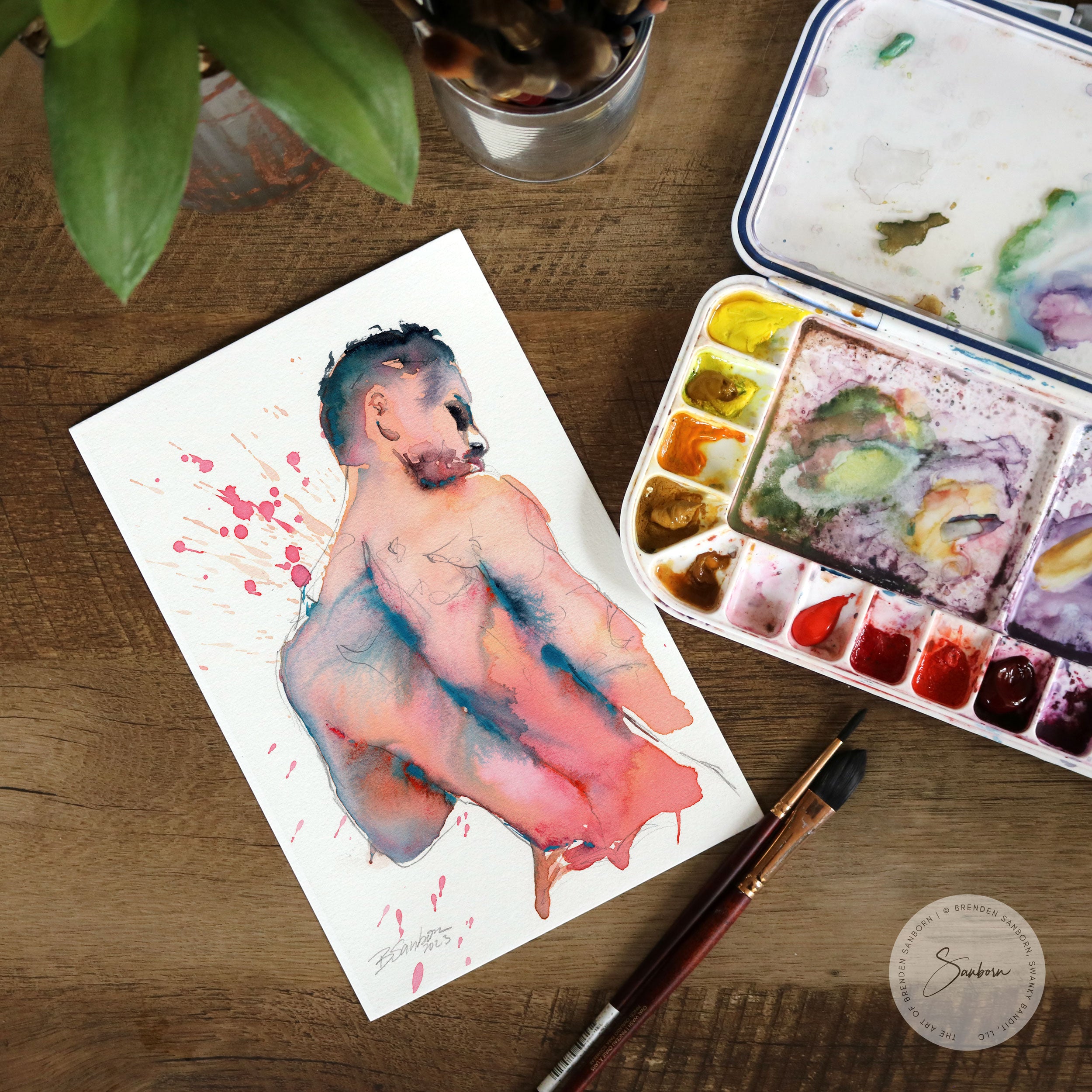 Nude Male, Standing with Splattered Background - 6x9" Original Watercolor Painting