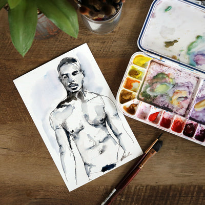 Stoic Shadows - Ink Defined Muscular Form - 6x9" Original Painting Artist Brenden Sanborn