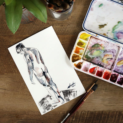 Solitary Reflection - Nude Male Form in Ink - 6x9" Original Watercolor Artist Brenden Sanborn