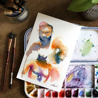 Bearded Trio - Expressive Male Faces with Hairy Chests - 6x9" Original Watercolor Painting Artist Brenden Sanborn