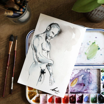 Whispered Strength - Monochrome Muscular Male Contour - 6x9" Original Painting Artist Brenden Sanborn