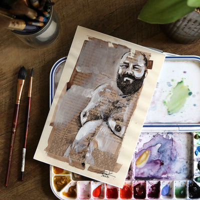 Literary Bear - Hairy Gay Man on Book Page - 6x9" Original Art Artist Brenden Sanborn
