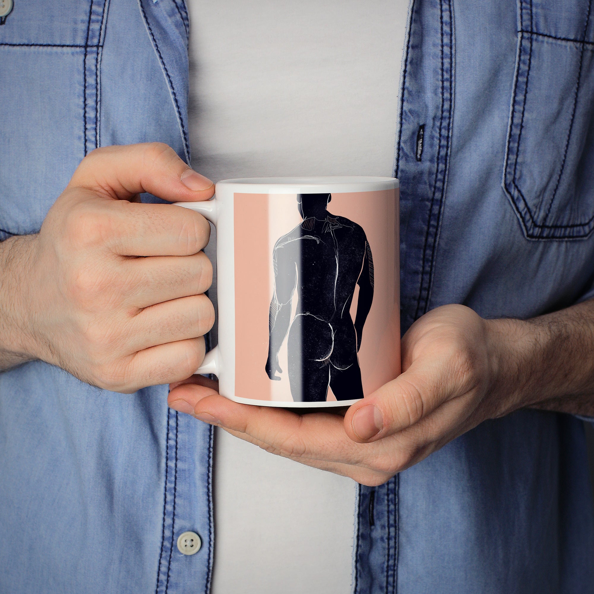 Strong Male Silhouette Highlighting the Back and Booty – 11oz & 15oz Mugs