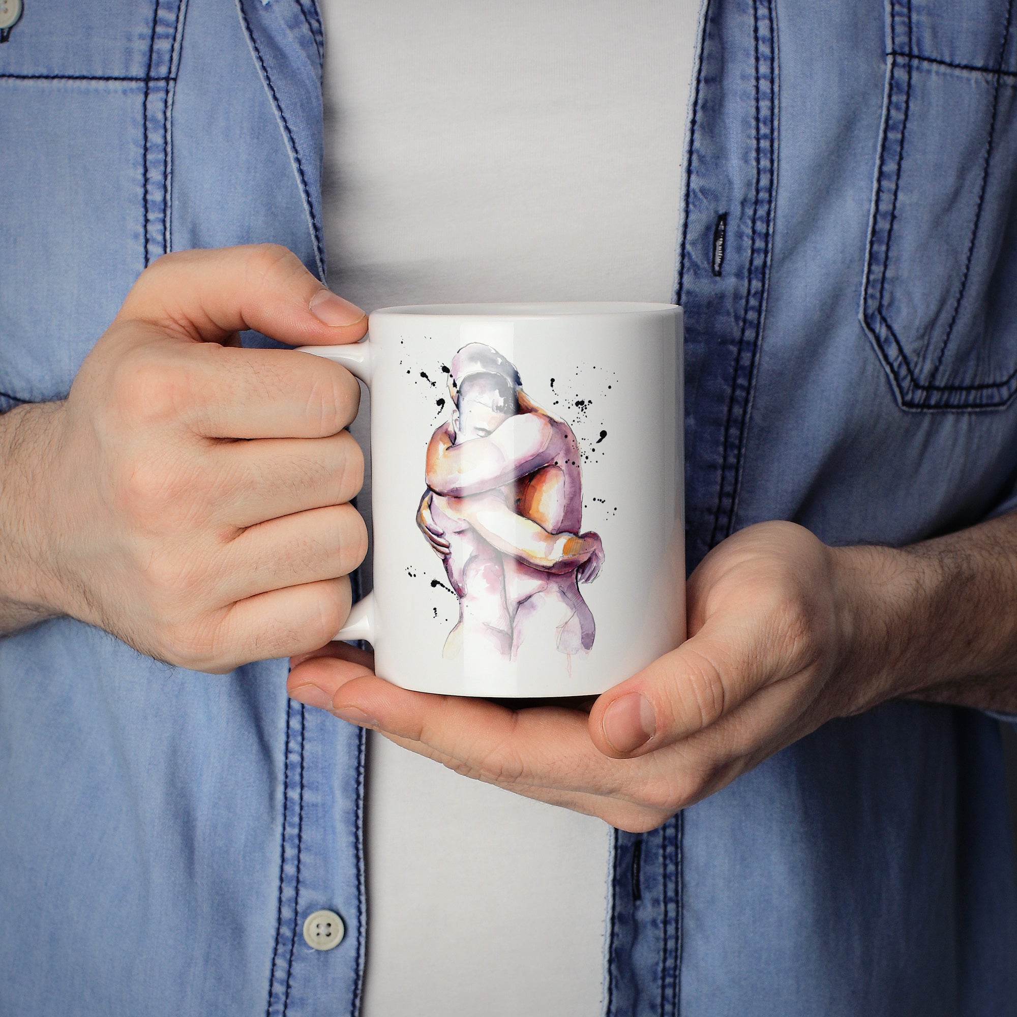 Two Nude Men Embracing in Watercolor – 11oz & 15oz Mugs