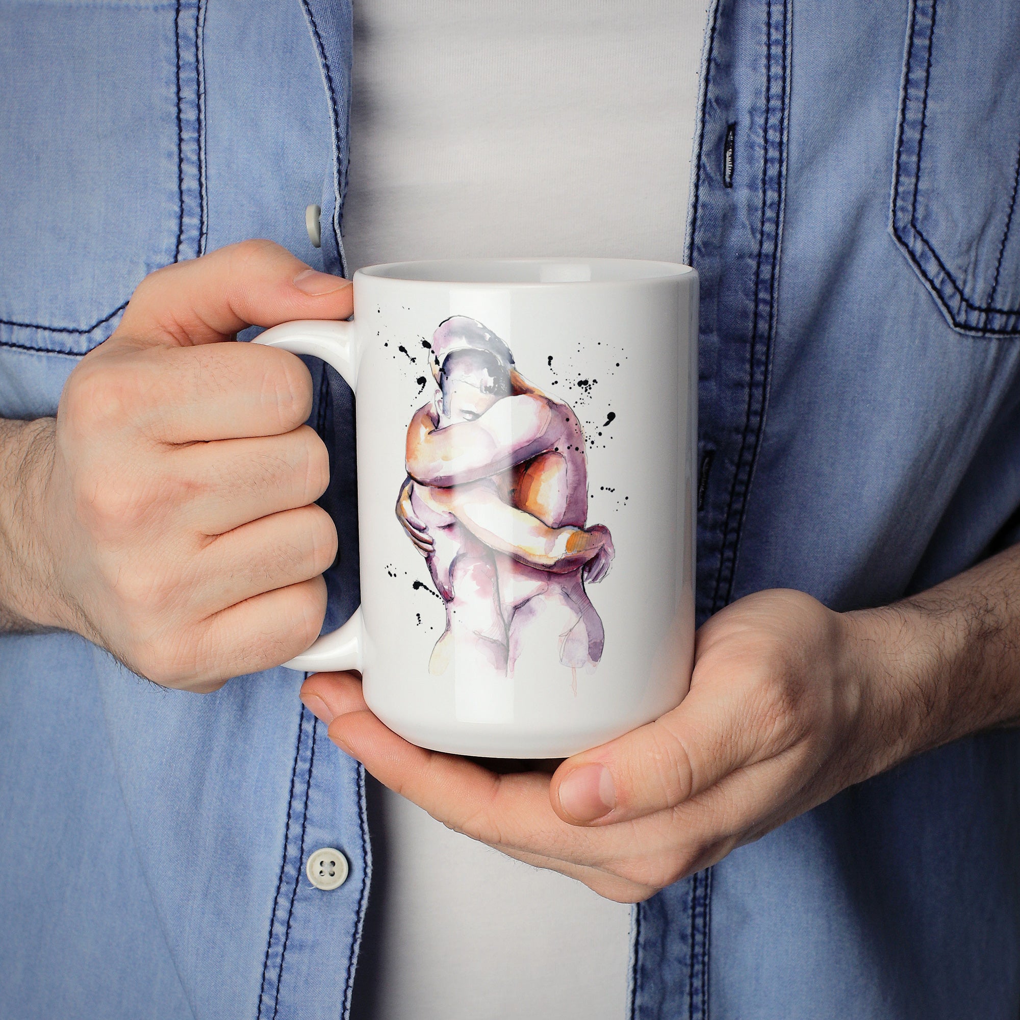 Two Nude Men Embracing in Watercolor – 11oz & 15oz Mugs