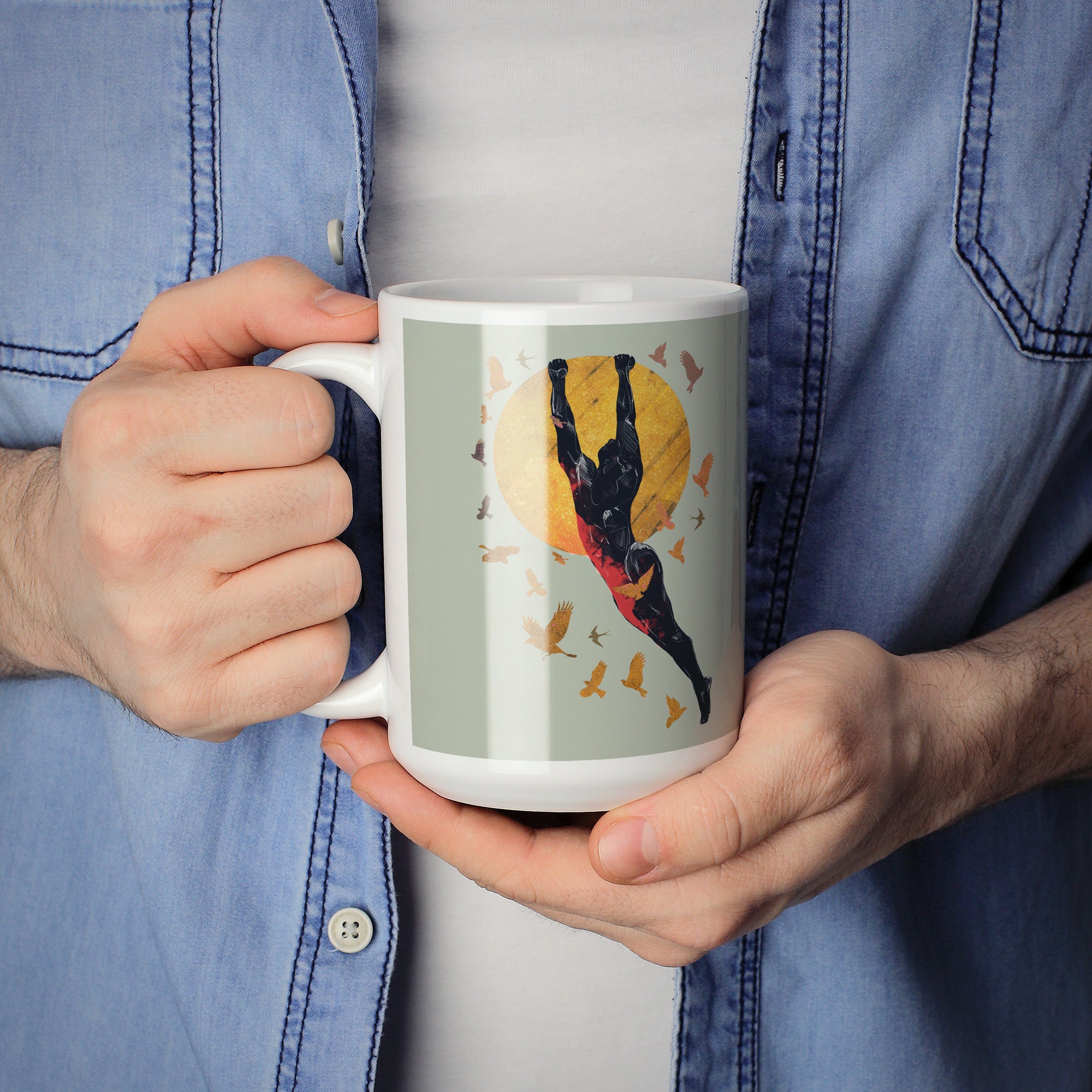 Soaring Man with Birds and Sun – 11oz & 15oz Mugs