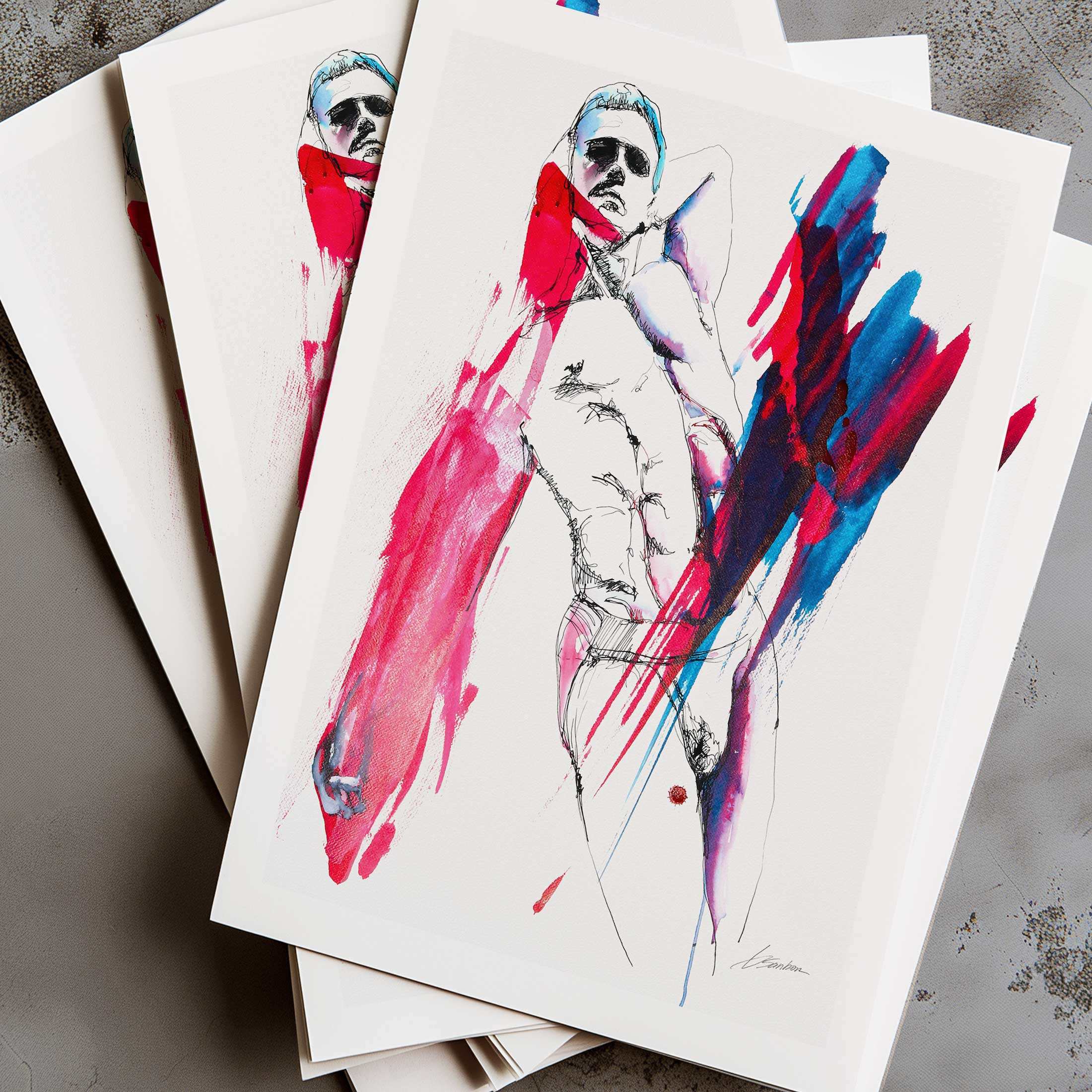 Bold Recline Abs of Stone and Sculpted Booty in Red and Blue Hues - Art Print