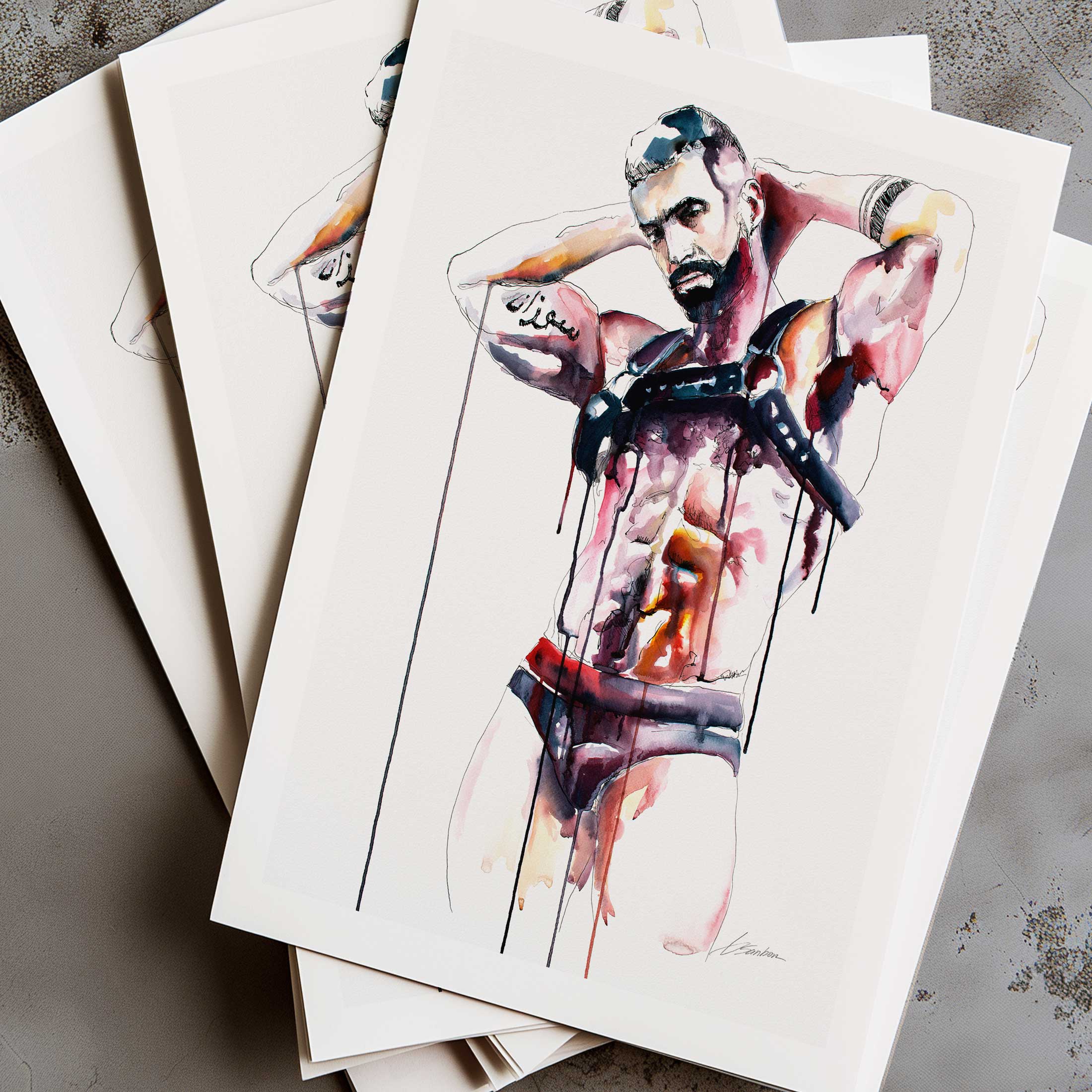 Muscular Bearded Man in Harness with Tattoos - Art Print