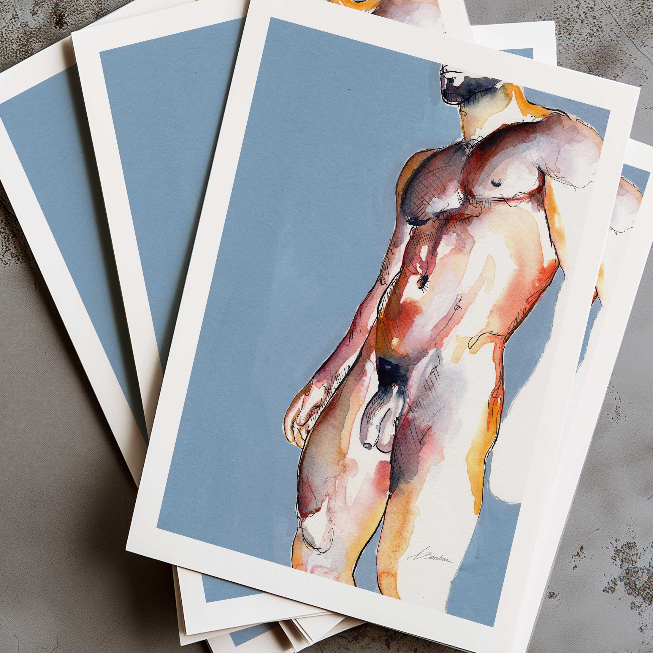 Bearded Male Nude with Defined Abs Standing in Natural Light - Art Print