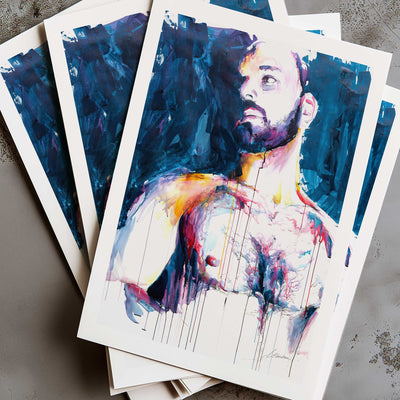 Bearded Male with Bare Chest and Introspective Gaze - Art Print Artist Brenden Sanborn