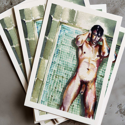 Male Nude Underwater Tiles Resting Against a Mosaic Wall - Art Print Artist Brenden Sanborn